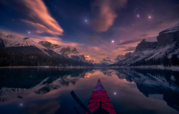 Горы, ночь, озеро, отражение, звёзды, Канада, Альберта, Alberta