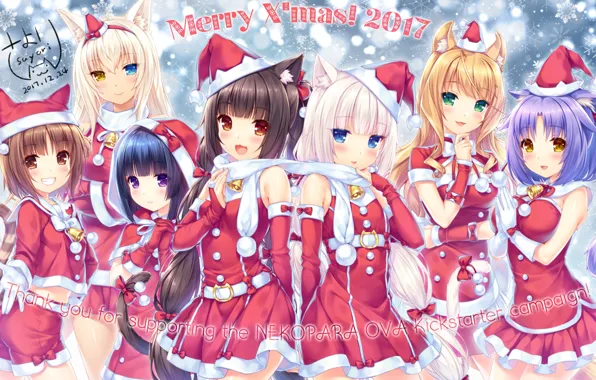 Девушки, новый год, аниме, арт, снегурочки, nekopara