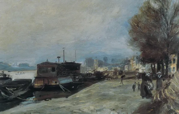 Пейзаж, картина, Пьер Огюст Ренуар, Pierre Auguste Renoir, Прачечная Лодка на Берегу Сены Недалеко от …