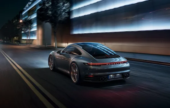 Машина, свет, ночь, город, огни, фонари, спортивная, Porsche 911 Carrera S