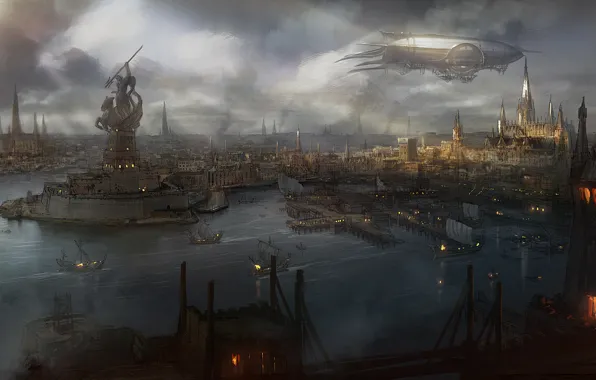 Картинка вода, город, дым, вид, корабли, арт, дирижабль, статуя