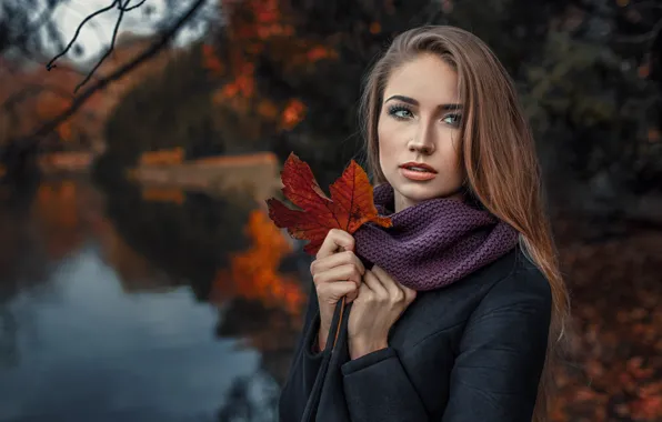 Картинка осень, листья, девушка, боке
