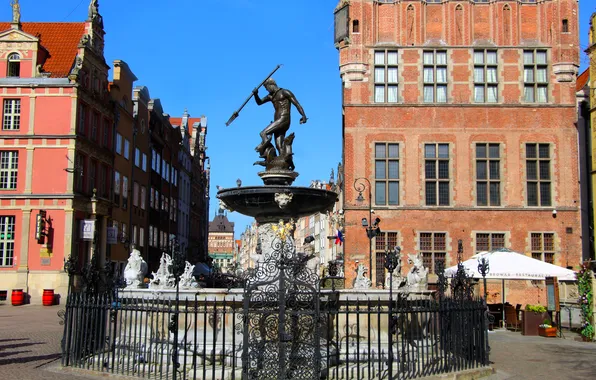 Street, building, statua, monument, gdansk, neptun