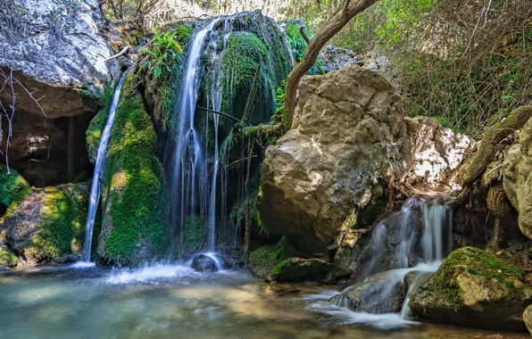 Картинка водопад, камни, лес, поток