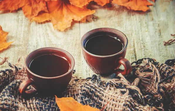 Осень, листья, плед, wood, autumn, leaves, coffee cup, чашка кофе