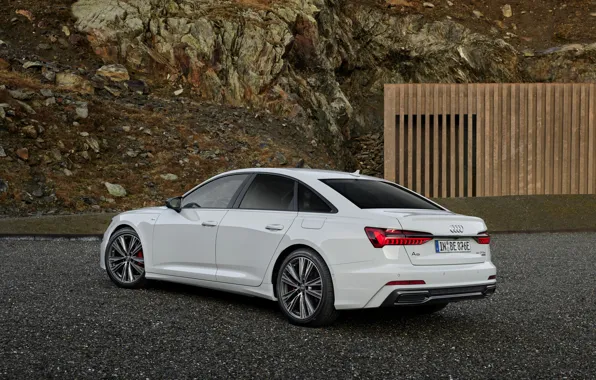 Белый, Audi, седан, задом, гибрид, Audi A6, четырёхдверный, 2020
