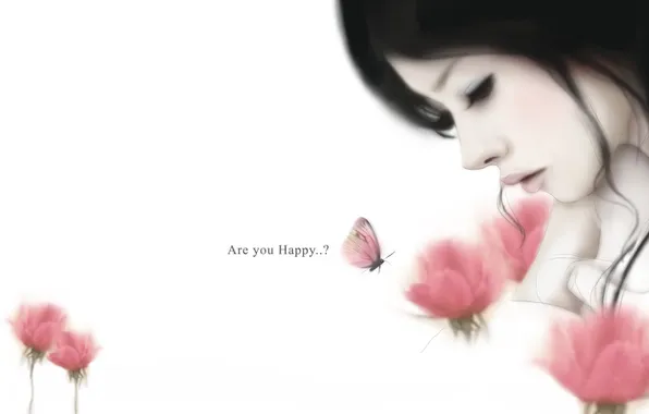 Картинка девушка, цветы, бабочка, вопрос, локоны, Enakei