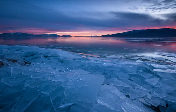 Картинка холод, лед, закат, осколки, озеро
