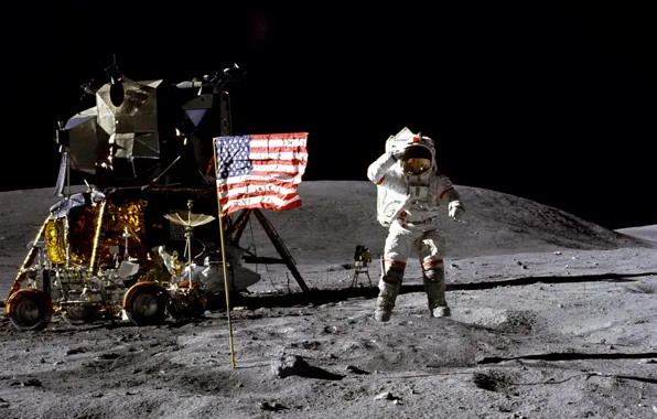 Картинка луна, флаг, астронавт
