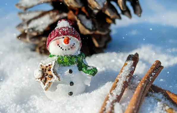 Картинка зима, снег, поза, улыбка, праздник, шапка, игрушка, новый год