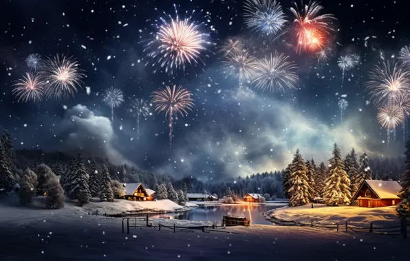 Новый Год, snow, зима, салют, lights, Christmas, ночь, fireworks