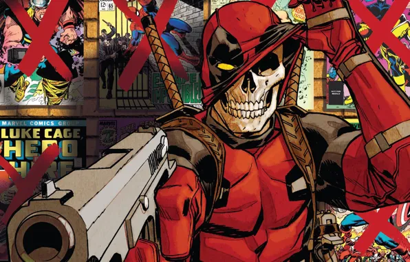 Skull, gun, fantasy, weapon, Deadpool, Marvel, comics, artwork