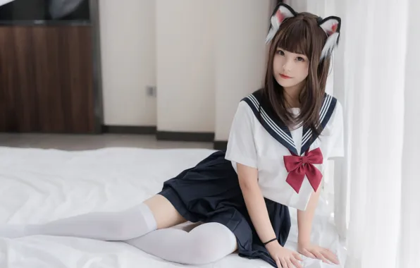 Girl, school uniform, thighhighs, long hair, beautiful, pretty, cosplay, brunette