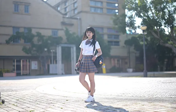 Girl, pretty, asian, skirt, sneakers