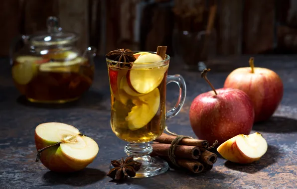 Картинка яблоки, кружка, напиток, корица, яблочный чай