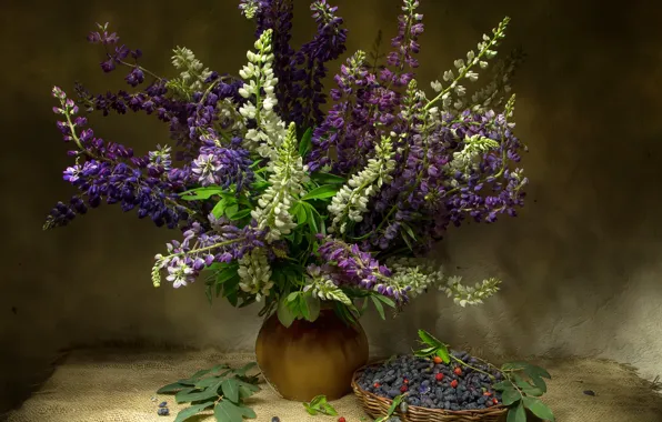 Листья, цветы, ягоды, стол, букет, кувшин, белые, натюрморт