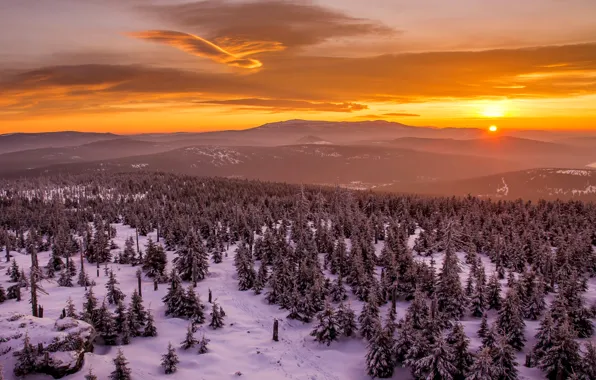 Картинка зима, небо, облака, деревья, закат, горы