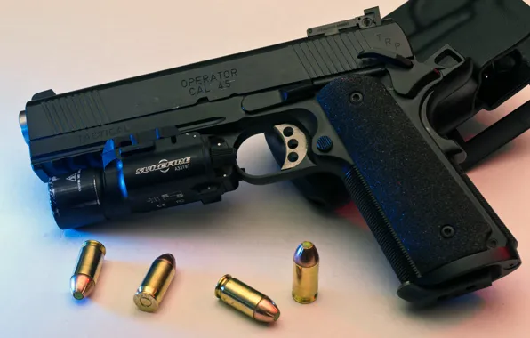 Пистолет, фонарь, патроны, кобура, 1911, Springfield, 45 ACP, TRP