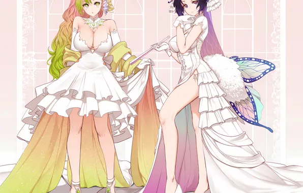Sexy, cleavage, pink hair, green eyes, long hair, dress, legs, girls