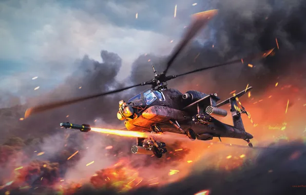 Пожар, огонь, война, вертолет, War Thunder, Attack Helicopter