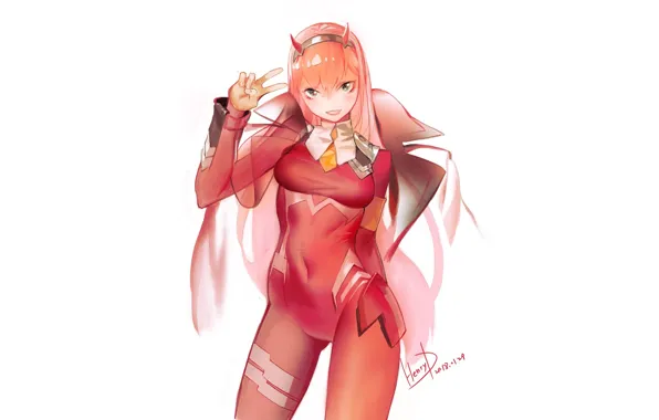 Девушка, фон, аниме, арт, 002, Darling In The Frankxx, Милый во Франксе, Zero Two