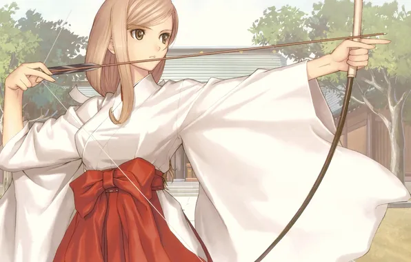 Картинка девушка, милая, аниме, лук, стрела, локон, кимоно, бант