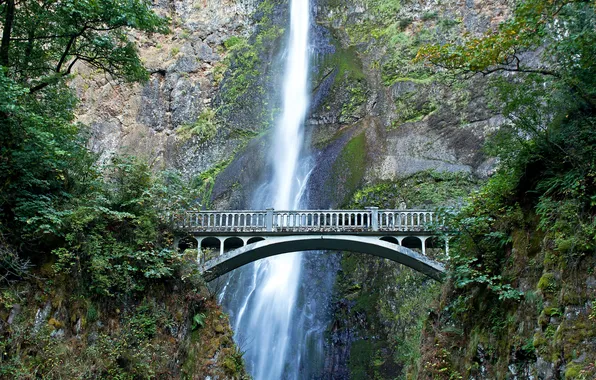 Картинка мост, скала, водопад, США, Oregon, Multnomah falls