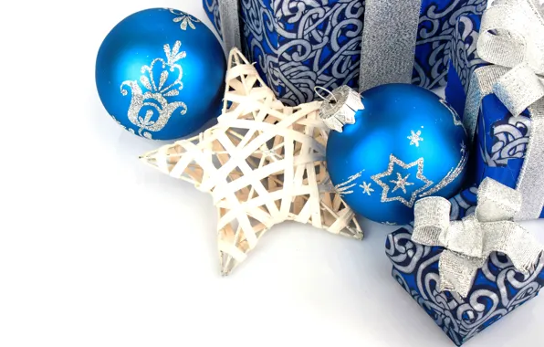 Украшения, шары, Новый Год, Рождество, star, Christmas, balls, blue