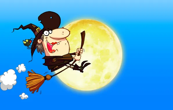 Обои, луна, wallpaper, moon, halloween, летит, голубой фон, хеллоуин