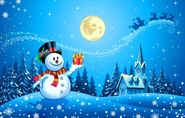 Картинка снег, деревья, снежинки, часы, новый год, дома, шарф, снеговик