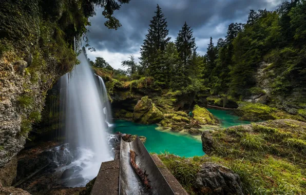 Картинка лес, река, скалы, водопад, поток, Австрия, Austria, Upper Austria