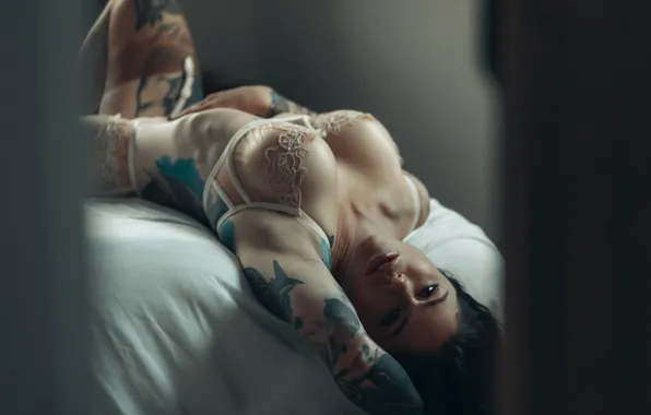 Lingerie, bra, panties, boobs, model, tattoo, women, brunette