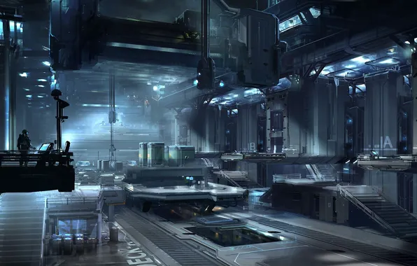 Картинка металл, завод, человек, арт, ангар, помещение, оборудование, Halo 4