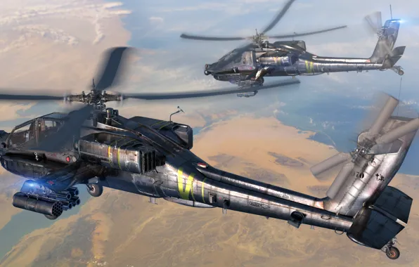 Картинка небо, земля, арт, боевые, вертолёты, AH-64, ВС США, &ampquot;Апач&ampquot;