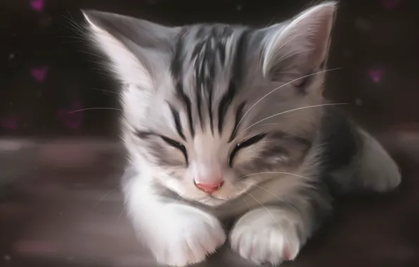 Кошка, кот, морда, котенок, рисунок, арт, спит