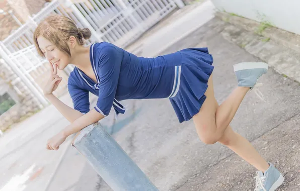Asian, long hair, model, women, dark hair, sneakers, blue dress, leaning
