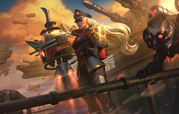 Картинка guns, girl, fantasy, game, red eyes, captain, League of Legends, blonde