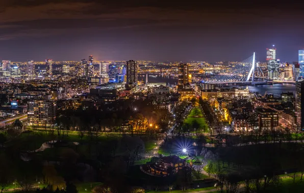 Ночь, огни, дома, Нидерланды, Rotterdam