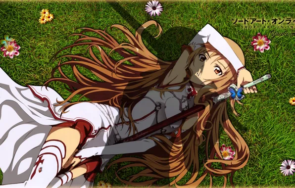 Картинка трава, девушка, цветы, меч, yuuki asuna, мастера меча онлайн, sao, юуки асуна