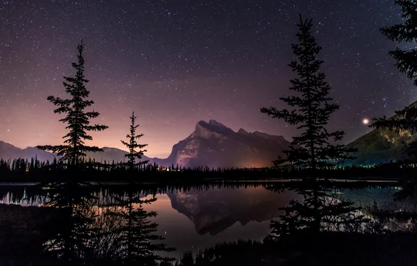 Картинка Alberta, Canada, trees, landscape, night, lake, stars, mirror