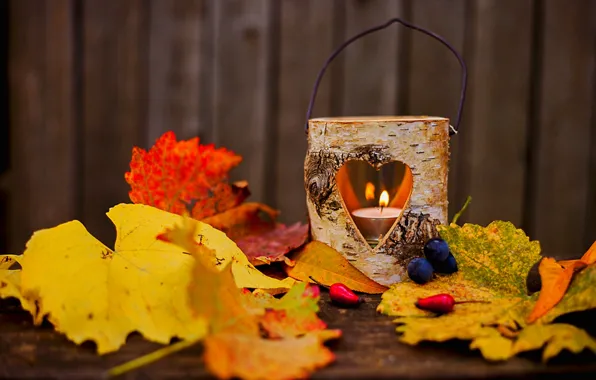 Картинка осень, листья, любовь, пламя, сердце, лампа, фонарь, flame