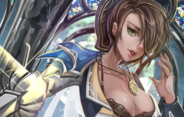 Грудь, девушка, оружие, шляпа, арт, кулон, league of legends, fiora
