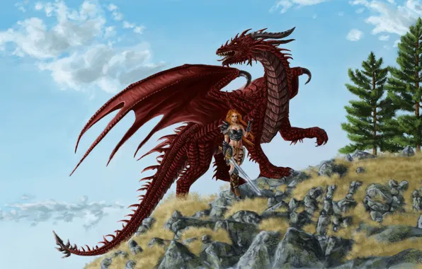 Картинка девушка, красный, фантастика, дракон, крылья, меч, доспехи, арт