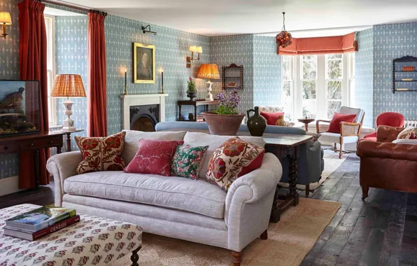 Дизайн, стиль, интерьер, камин, уютная гостиная, Soho farmhouse