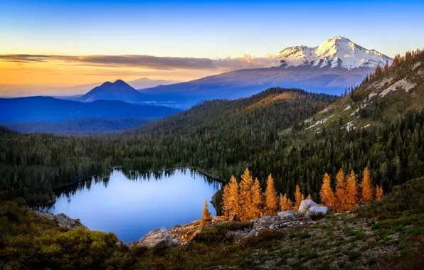 Лес, горы, природа, озеро, рассвет, Heart Lake, Castle Lake, Mt Shasta
