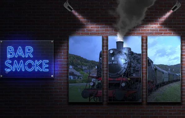 Картинка steam locomotive, neon sign, bar smoke, my works