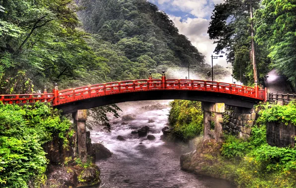 Зелень, деревья, мост, камни, течение, гора, Япония, Токио