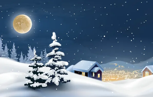 Картинка зима, снег, ночь, елки, деревня, Рождество, moon, christmas