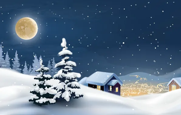 Картинка snow, hut, елки, зима, снег, village, деревня, moon