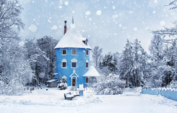 Картинка зима, снег, деревья, дом, двор, участок